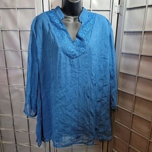 Maggie Barnes 3X layered 3/4 sleeves teal blouse with sequins